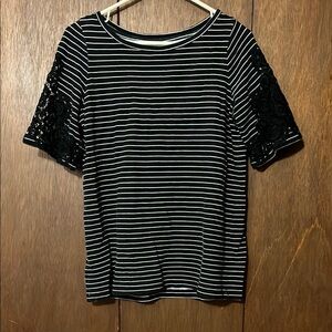 LOFT Black and White Boxy Striped Tee 100% cotton, lace details XS